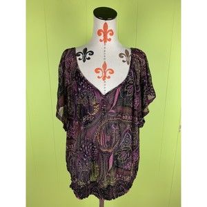 Apt 9 Womens 2XL Black Purple Floral Pullover Tunic Short Sleeve Stretch Top